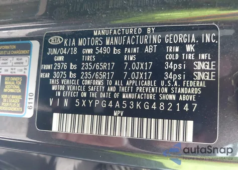 2019 Kia Sorento 3.3L Lx z USA, uszkodzony, nr VIN 5XYPG4A53KG482147